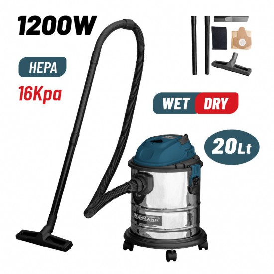 BORMANN BVC2610 Σκούπα Υγρών-Στερεών 1200W,Ανοξείδωτο Κάδο 20Lt (049814)