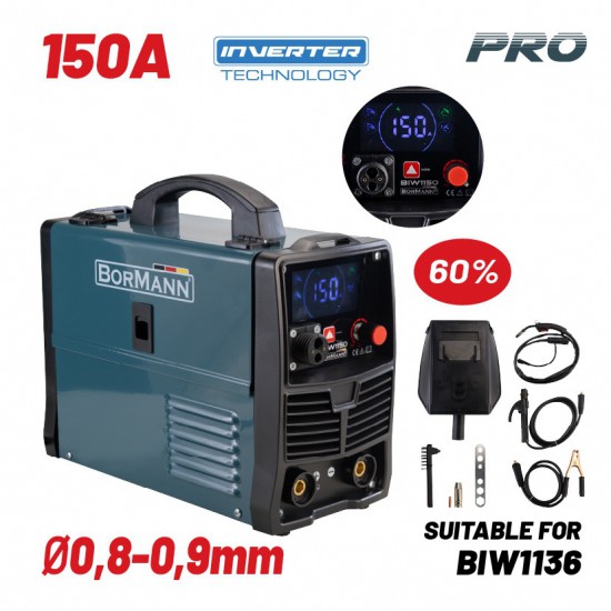 BORMANN Pro BIW1150 Ηλεκτροκόλληση MIG/MAG/TIG/MMA 150A,60%,No gas,450gr/1000gr Κουλούρα (0,8-1,0mm) (071648)