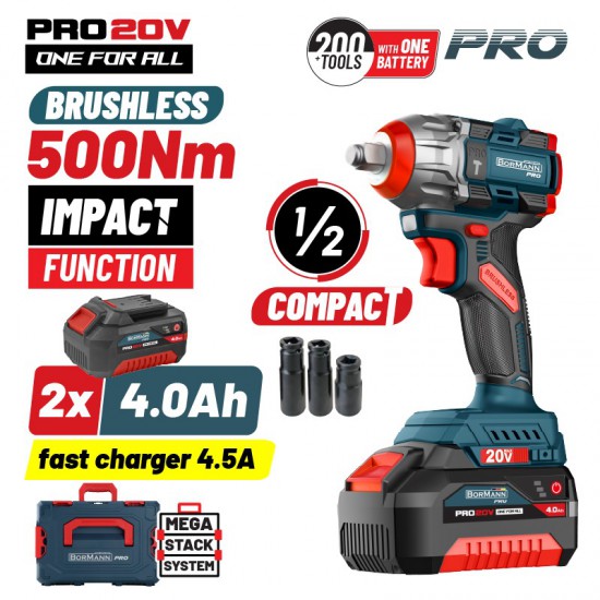 BORMANN Pro BBP5422X44CA Μπουλονόκλειδο Compact Brushless Mπαταρίας 20V Li-Ion, 500Nm, 2x4Αh,Βαλίτσα (083245)