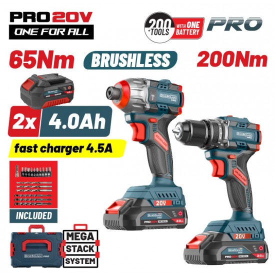 BORMANN Pro BBP5431X44T2CA Σετ Compact Brushless Κρουστικό Δραπαν/βιδο & Παλμικό Κατσαβίδι Bruhless (084839)