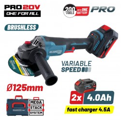 BORMANN Pro BBP3651X44CA Γωνιακός Τροχός Brushless Ρυθμιζόμενος 20V, 3000/5400/8000rpm, 2x4.0Ah (084907)