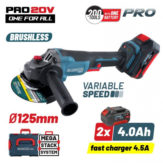 BORMANN Pro BBP3651X44CA Γωνιακός Τροχός Brushless Ρυθμιζόμενος 20V, 3000/5400/8000rpm, 2x4.0Ah (084907)