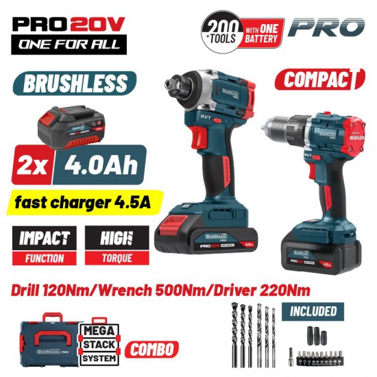 BORMANN Pro BBP5465X44T2CA Σετ Compact Brushless Κρουστικό Δραπανοκατσάβιδο & Μπουλονόκλειδο 2σε1 (085263)