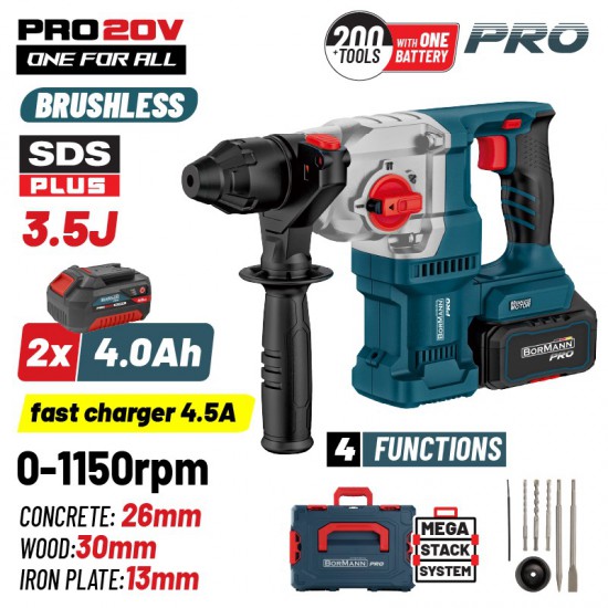 BORMANN Pro BBP5316X44CA Πνευματικό Σκαπτικό Μπαταρίας SDS-PLUS Brushless 20V, 2x4.0Ah,3.5J (085584)