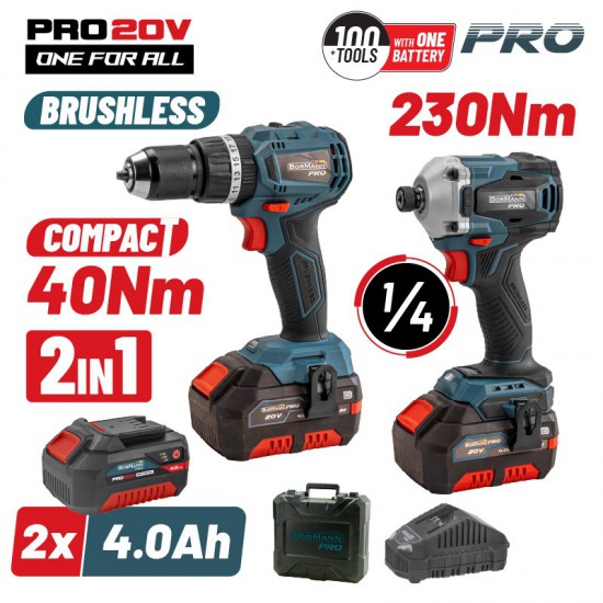 BORMANN Pro BBP5003 Σετ Δραπανοκατσάβιδο Κρουστικό Compact Brushless 20V & Παλμικό Κατσαβίδι, x2 Μπαταρίες (078661)