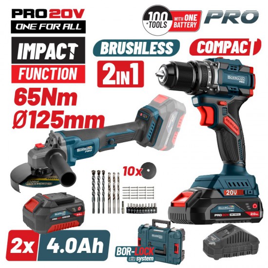 BORMANN Pro BBP5433X44T2CA Σετ Compact Brushless Κρουστικό Δραπανοκατσάβιδο 65Νm & Γωνιακός Τροχός, ΒMC (083269)