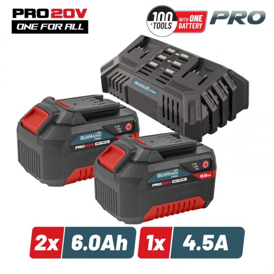 BORMANN Pro BBP9966 Starter Kit 20V,Μπαταρίες 2x6.0Ah & Διπλός Ταχυφορτιστής ,Li-Ion,4.5A (083504)