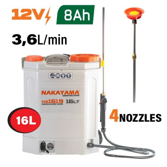 NAKAYAMA NS1619 Ψεκαστήρας Πλάτης Μπαταρίας 12V,8Ah,16Lt με Ανοξείδωτο Τηλεσκοπικό Αυλό (077992)