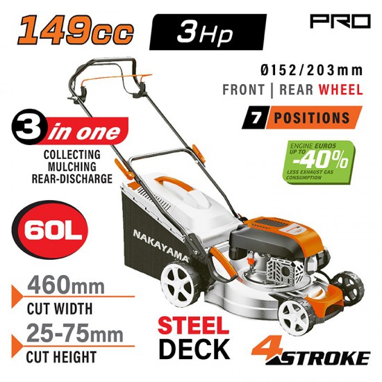 NAKAYAMA Pro PM5460 Χλοοκοπτική Βενζίνης,Ωθούμενη, 147cc, Πλάτος Κοπής 46cm, Κάδος 60L, 8 Θέσεις (084075)