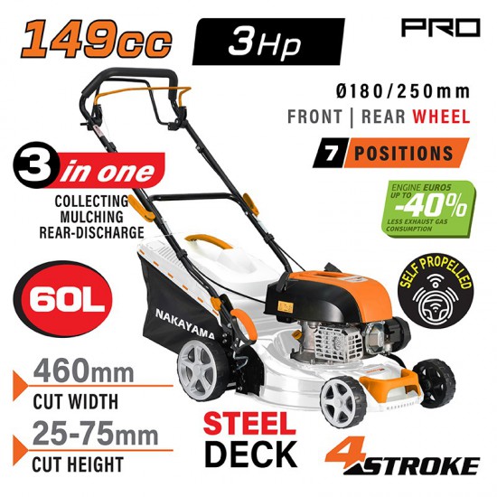 NAKAYAMA Pro PM5465 Χλοοκοπτική Βενζίνης Αυτοκινούμενη,149cc, Πλάτος Κοπής 46cm, Κάδος 60L (084082)