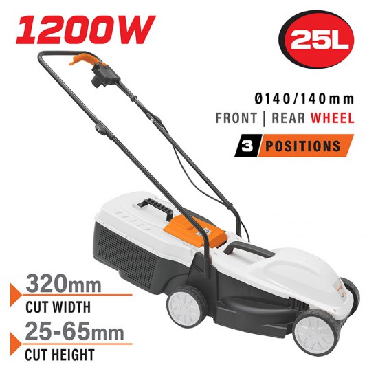 NAKAYAMA EM3221 Χλοοκοπτική Ηλεκτρική 1200W,Κοπή 32cm,Κάδος 25L, Ύψος Κοπής: 3 Θέσεων (25-65mm) (084365)