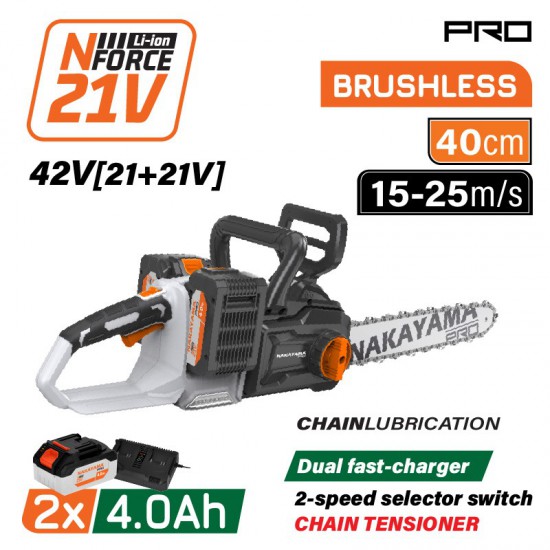 NAKAYAMA Pro EC1711X44 Αλυσοπρίονο Brushless Μπαταρίας 42V,Li-Ion,2x4Ah,Λάμα 40cm,Ταχυφορτιστής 4Α(085294)